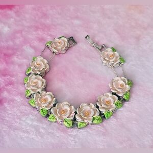 7" Floral Pink Moving Bracelet Charms Vintage Silver Tone